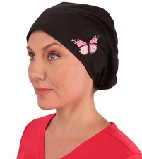 Euro Style Riley Comfort Scrub Cap - Black Cap with Pink Butterfly Patch