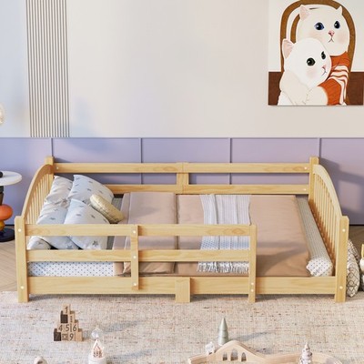 Full Montessori Floor Bed with Slats and Safety Guardrails, Solid Wood Floor Be