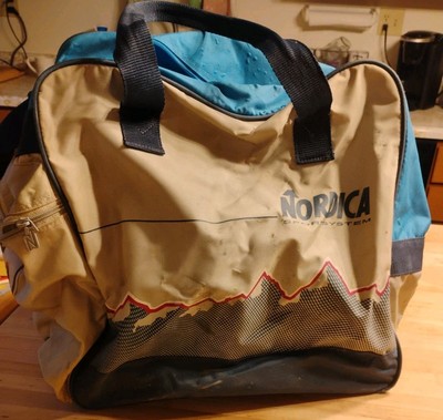 NORDICA VINTAGE SKI PACK BOOT GYM WEEKEND BAG BEIGE/BLUE CANVAS NYLON STRAP  