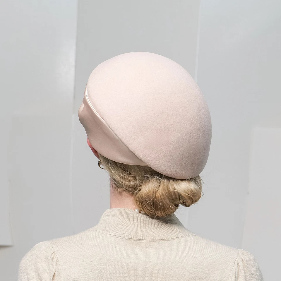 Chapéus fascinadores boina de feltro de lã bege feminino igreja festa de casamento chapéu com laço - Imagem 2 de 4