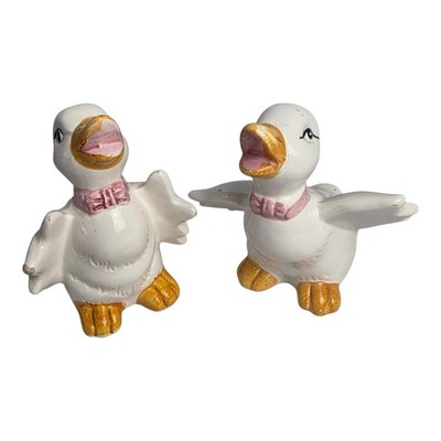 Pair of White Ceramic Peking Ducks Geese Figurines With Pink Robbins 5''