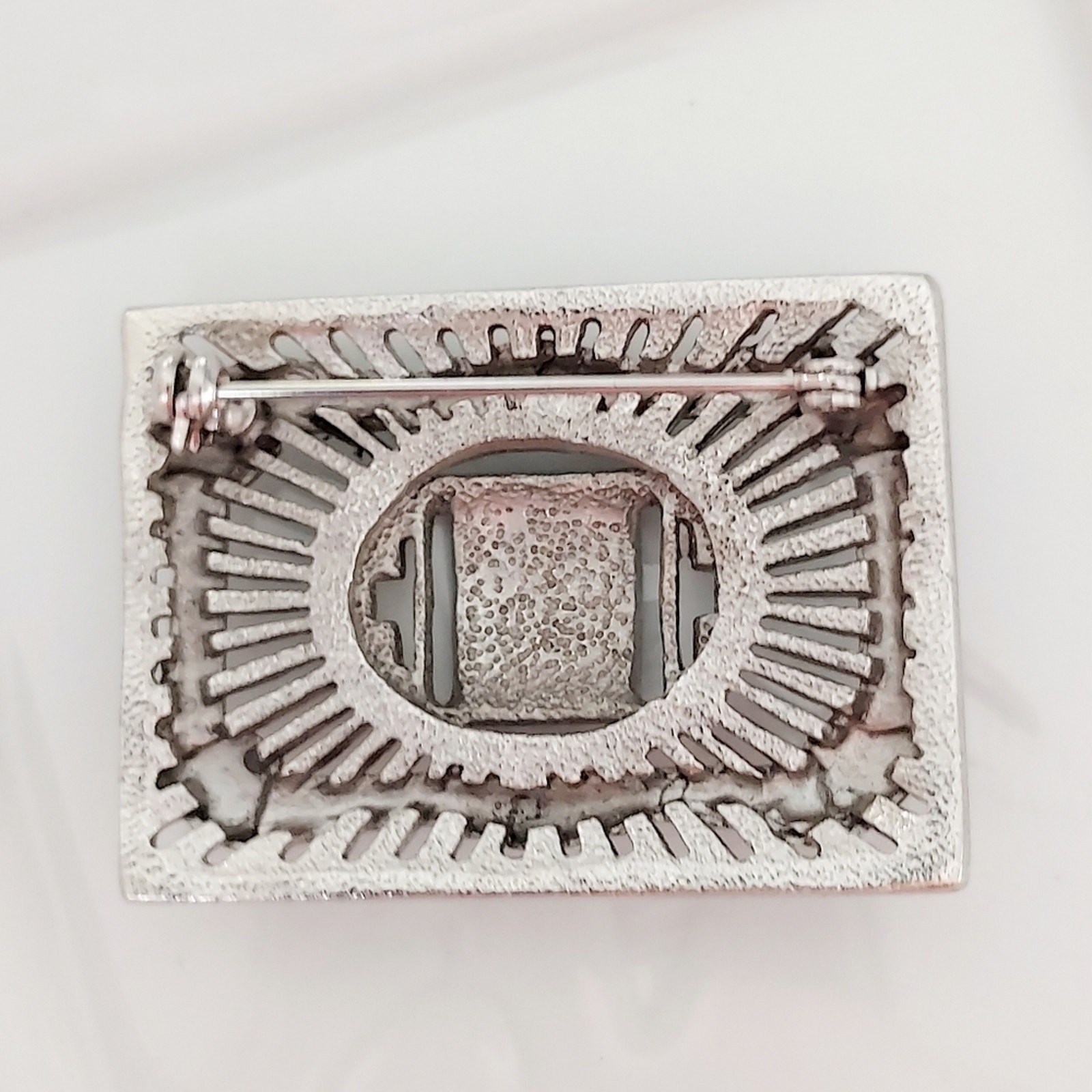 Silver Rectangular Brooch with Rhinestones - image 4