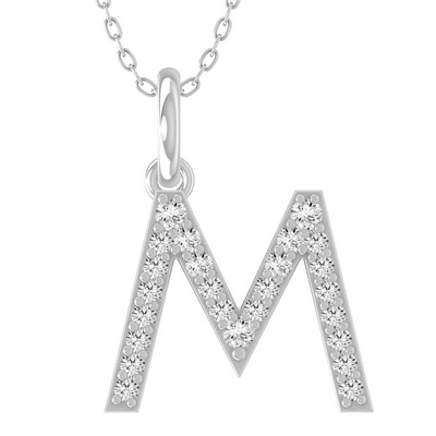 14K Weißgold Diamant Initiale M Buchstabe Anhänger Halskette 18'' Silber Kabel Kette