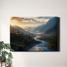 Sunrise Mountain River Cabin Landscape Framed Canvas Wall Art 30x20inch