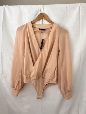 bebe Peach Wrap Bodysuit Top-Long Sleeve V-Neck XSmall