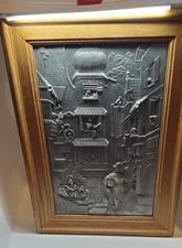 Vintage WMF Zinn German Pewter Relief Wood Framed German Wall Art 11”x 16”