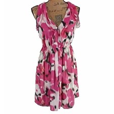 NWT LOFT Dress 0 XS Pink Watercolor Splotch Lined Ruffle V Neck Stretch $89