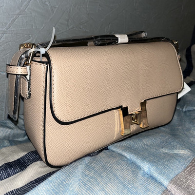Beige Small Crossbody Flap Bag Buckle Accent Gold Hardware Magnetic Detach Strap