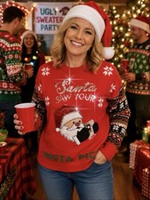 Ugly Red Christmas Sweater No Boundaries Santa Saw Your Insta Pics Women s Sz L