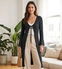 Unique USA Made Black Knit Tie Cardigan Sweater Women's Long Sleeve Bell Style
