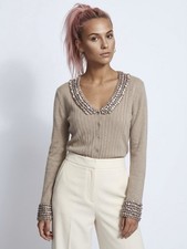 Just Cavalli Women s Size IT 48 U.S. 12 Embellished Silk/ Viscose Tan Cardigan