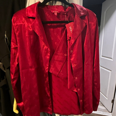 GUESS Red Satin Logo Button-Up Collared Long Sleeve Women's Pajama Top M