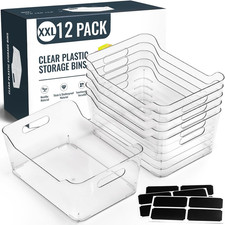 12 PACK Multi-Use Clear Plastic Storage Bins for Organizing W/ Labels - Home, Ki