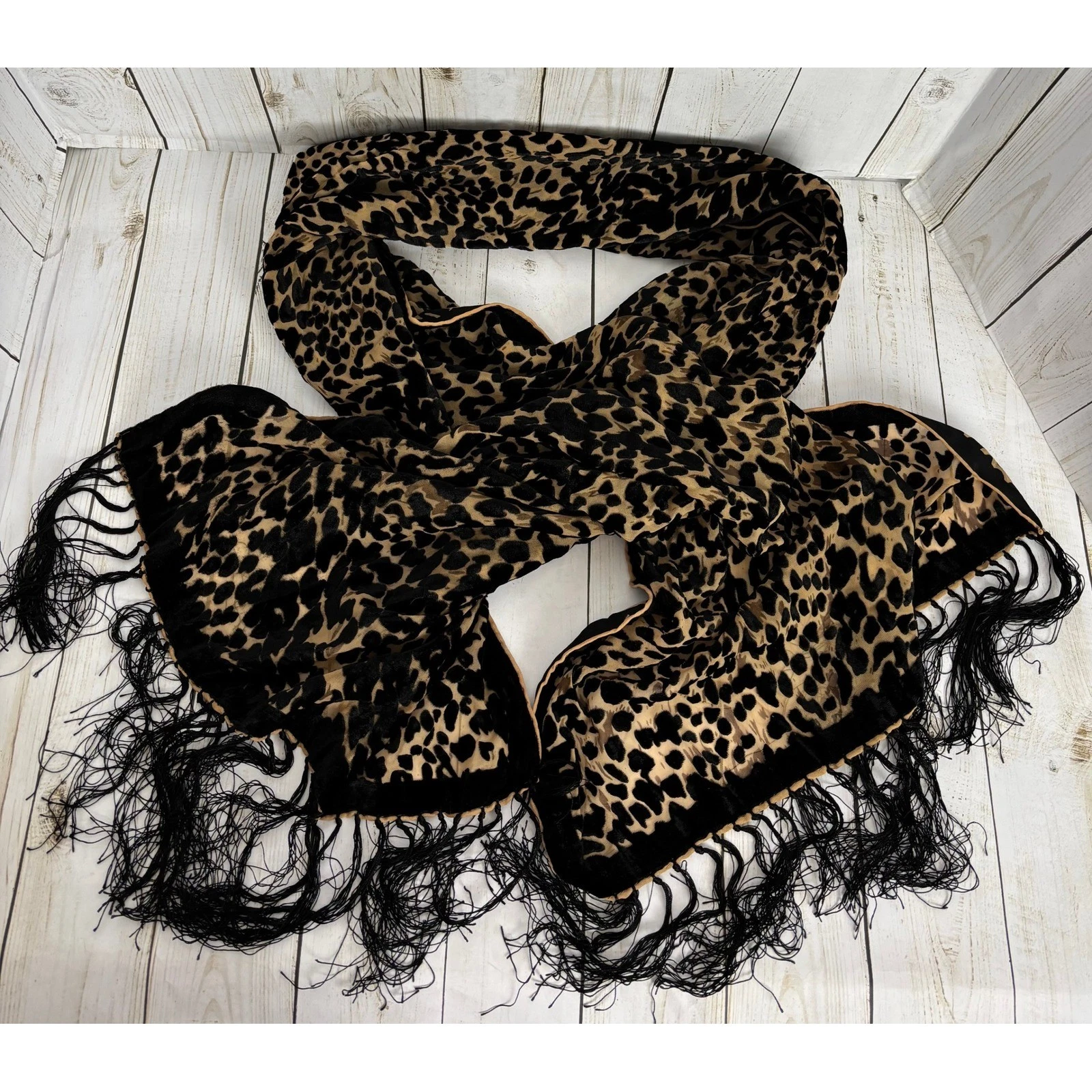Leopard Print Burnout Velvet Fringe Scarf Tan Black Animal Print Wrap Shawl 2292