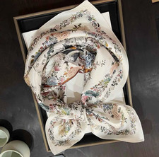 100 Mulberry Silk 27" Square Scarf Women Neckerchief Bandana White Flower Birds