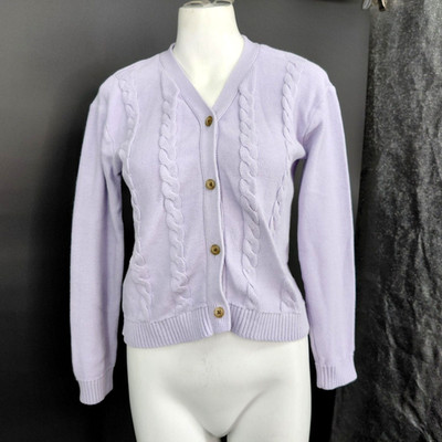 Lands' End Cardigan Sweater Girls XL Purple Cotton Cable Knit Button V-Neck