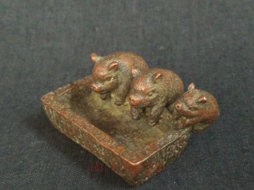 Collected Chinese Bronze Carving Lovely Pig Feed Statue Paperweight Decoration - Picture 3 of 8