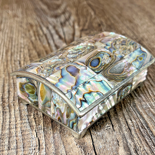 Vintage Abalone Shell Footed Jewelry Trinket Box Alpaca Mexico Hinged Lid
