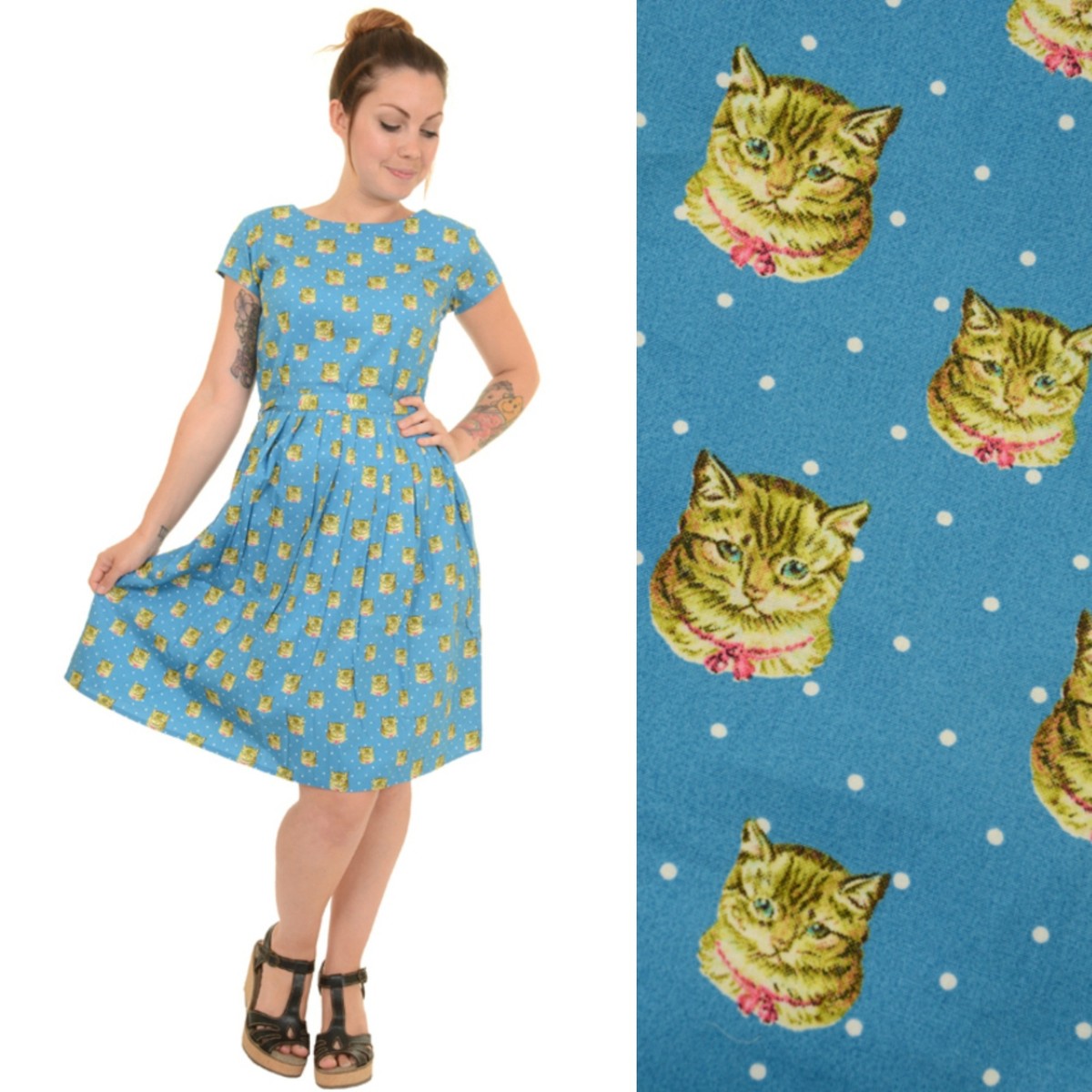 Retro Blue Cat Kitten Polka Dot Print Dress by Run and Fly | eBay