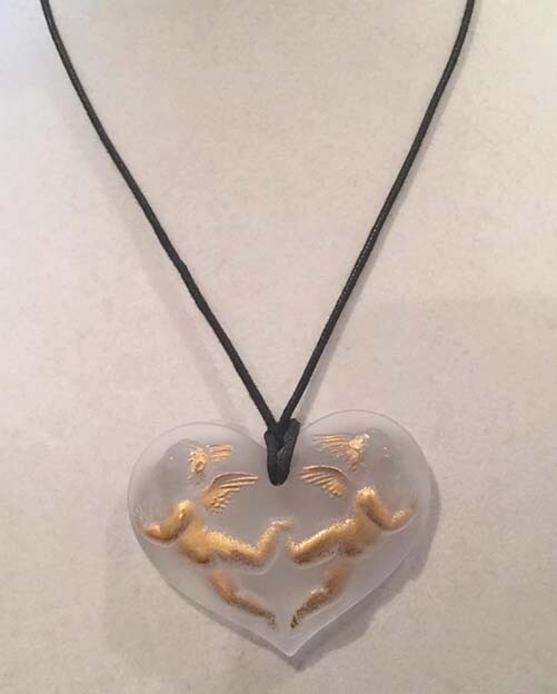 LALIQUE Elton John 1996 Gold Enamel Angel Heart Pendant Necklace Adjustable Cord