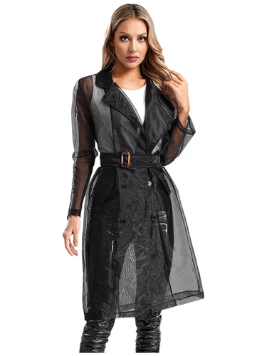 Womens Coat See Through Trench Notch Lapel Jackets Ladies Outerwear Cropped- - Picture 21 of 60