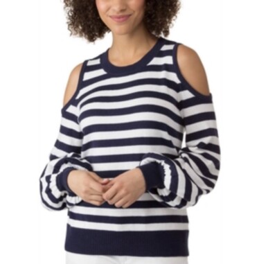 Michael Kors Striped Cold Shoulder sweater Blue White Size P