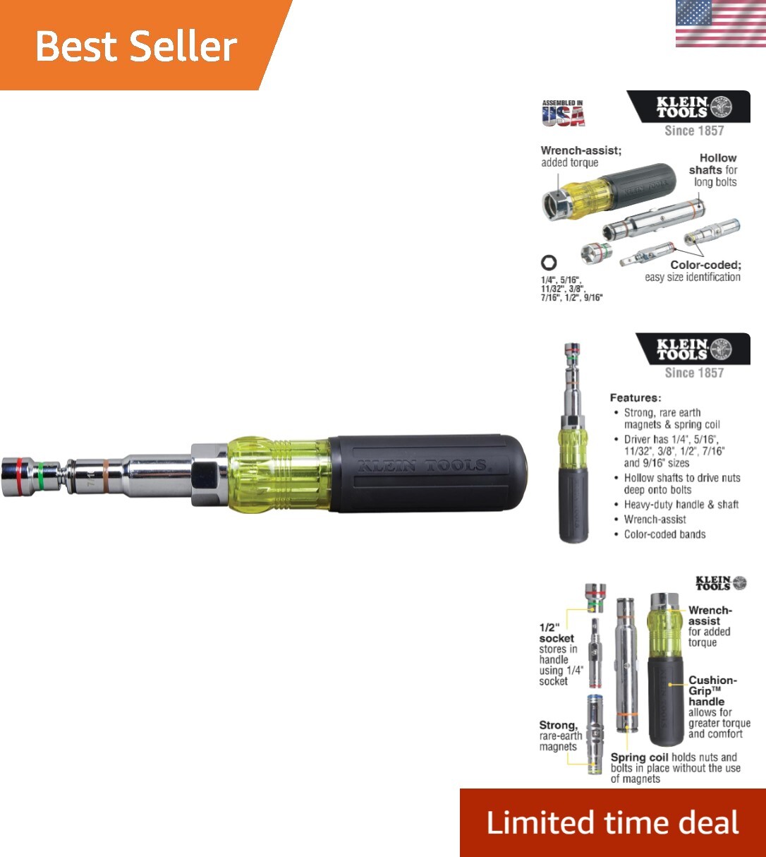 Klein 7-in-1 Magnetic Nut Driver with Comfortable Grip - Indoor & Outdoor Use