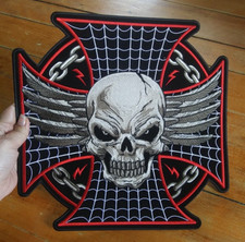 LARGE Embroidered Back Patch Wicked Skull with Maltese "IRON" Cross Biker PATCH