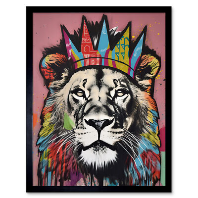 Löwe mit Krone König des Dschungels moderner Pop-Art gerahmter Wandkunstdruck 9 x 7 Zoll