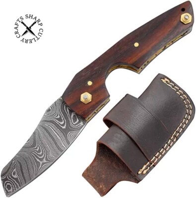 Damascus Steel Cigar Cutter Knife Razor Sharp Rosewood with Leather Sheath