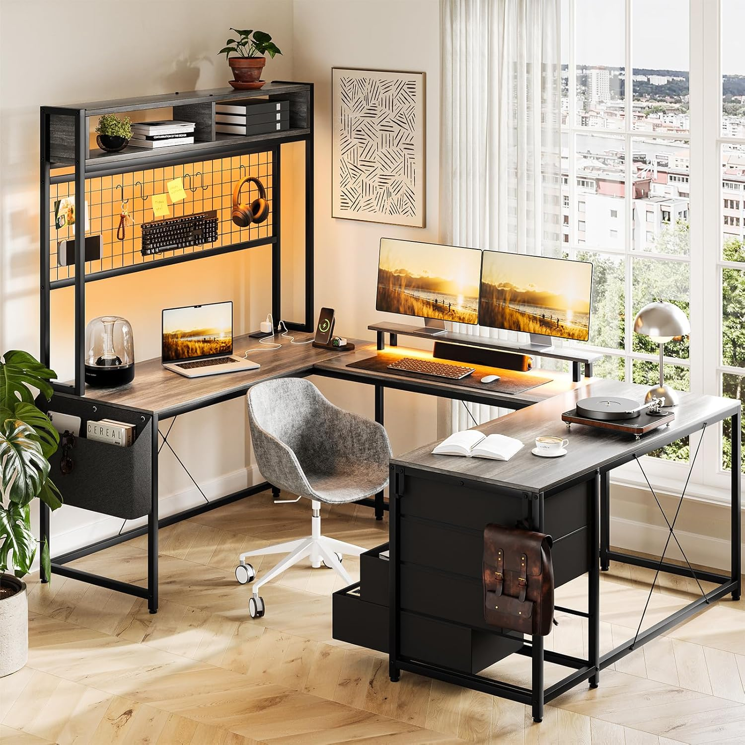U Shaped Gaming Desk with Monitor Stand, LED Lights, and Ergonomic Design