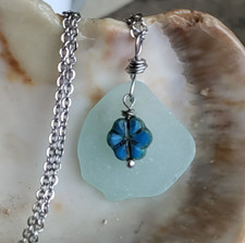 Frosty Sea Glass  Blue Flower Necklace Surf Hawaii Beach Gift For her Teen