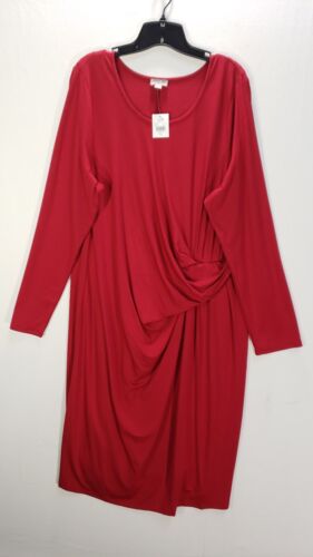 J Jill Dress Womens XL Red Long Sleeve Rouched Stretch Wearever Holiday NEW