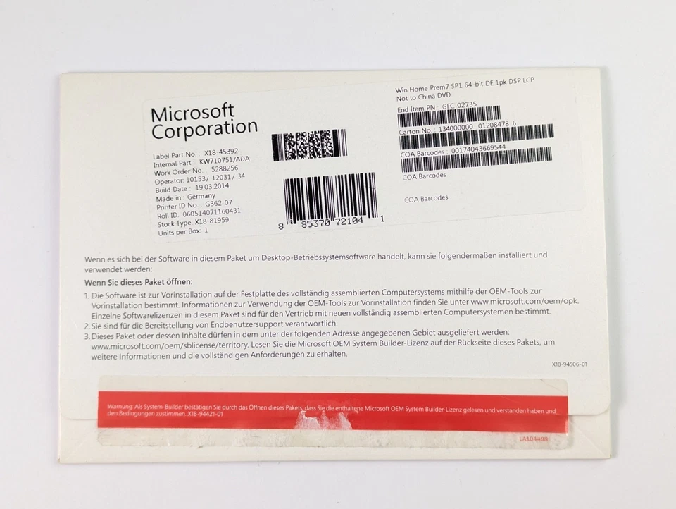 Genuine Vintage Microsoft 7 Home Premium (Germany) 64-bit 2011 OEM SP1 w/Key - Imagen 2 de 4