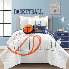 Basketball Game Reversible Quilt Twin Size 4 Piece Set, White  Navy - Kids B...