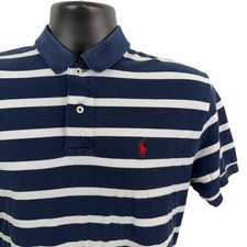 Polo Ralph Lauren Mens Medium Navy Blue White Striped Short Sleeve Polo Shirt