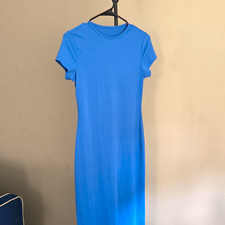 SheIn Blue Solid Cotton Bodycon Dress Short Sleeve Round Neck Petite PS Long