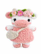Handmade Crochet Pink Dress Cow Plush Amigurumi Cute Stuffed Animal Toy Gift