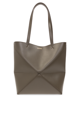 LOEWE Puzzle Medium Fold Dark Khaki Shiny Leather Tote Bag New