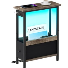 Narrow Side Table with Charging Station and LED Light, End Table with 1 Fabri...