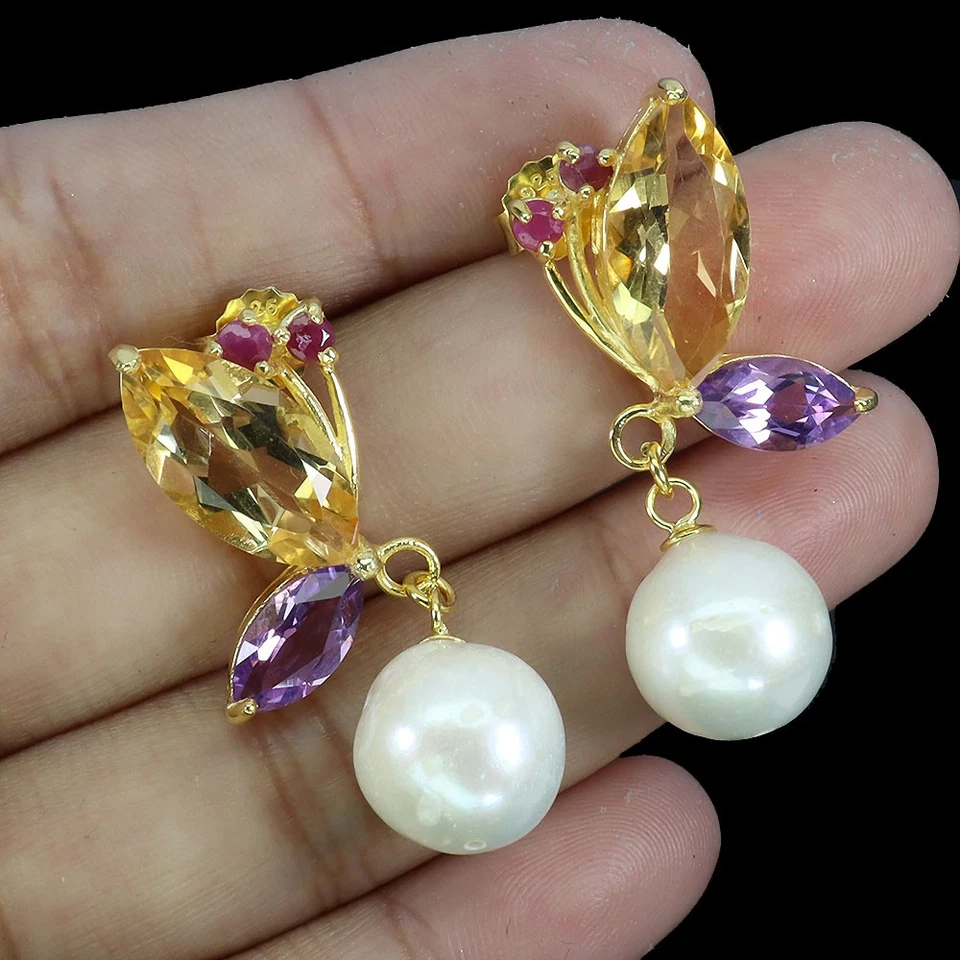 Orecchini In Argento Sterling 925 Con Gemme Di Citrino, Ametista E Perla - Immagine 2 di 4