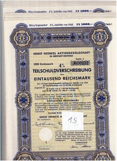 Dealers' Set 15 Ernst Heinkel AG Seestadt Rostock 1943 1000 Reichsmark VF