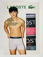 3-Pack LACOSTE Men’s Cotton Stretch Boxer Brief, Light Grey/Pink/Teal - Large