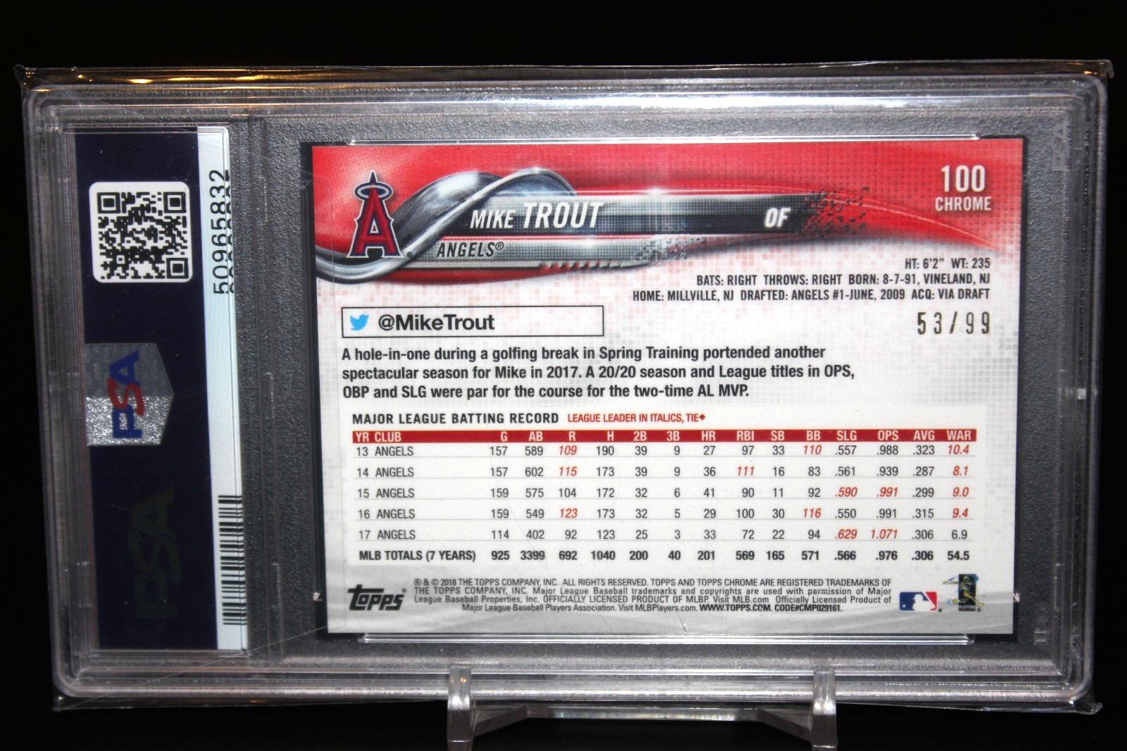 2018 Topps Chrome Mike Trout Green Wave Refractor #/99 Angels PSA 9 view 2