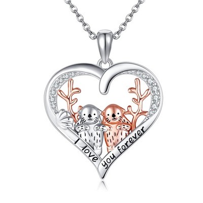 HUKKUN Otter Necklace Sterling Silver Two Heart Pendant 