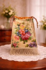 Vintage Micro Beaded Drawstring Purse Floral Roses Fringe Antique Bag