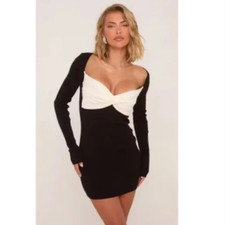 NWT CIDER Viscose Nylon Knit Rib Contrast Trim Slim Mini Dress Black Women's XS