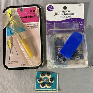 VINTAGE Lot 3 Sewing Notions ~ Metal Snaps, Mend a Knit tool, Jeans Buttons tool