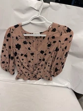 Sienna Sky half sleeve vneck pink + black flowers belly shirt blouse
