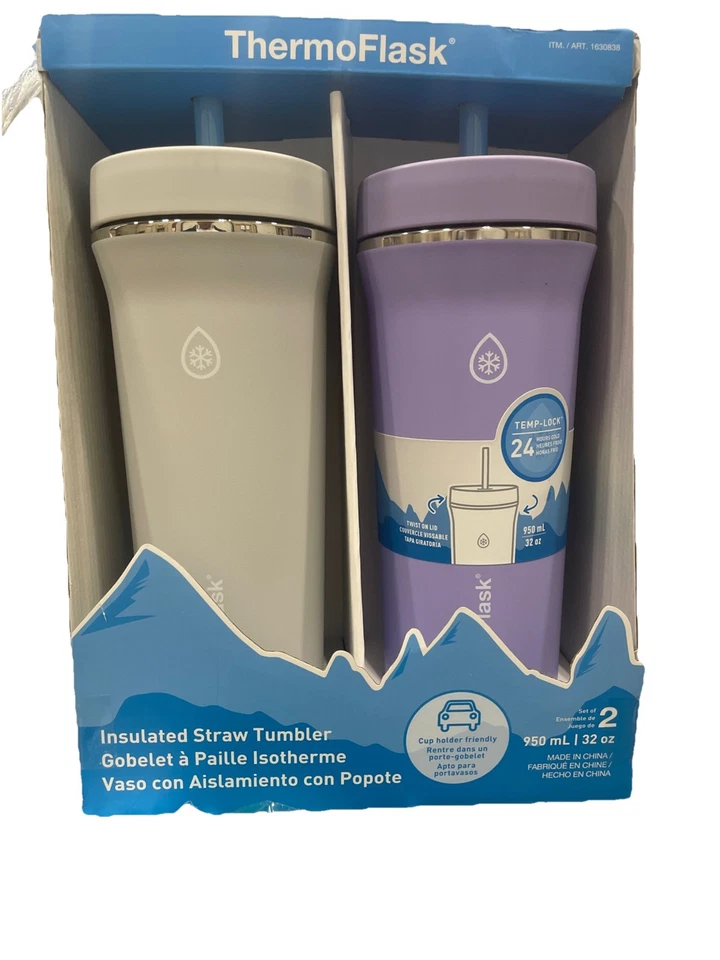 ThermoFlask 32oz Two Pack Insulated Straw Tumbler Gray/Lavender